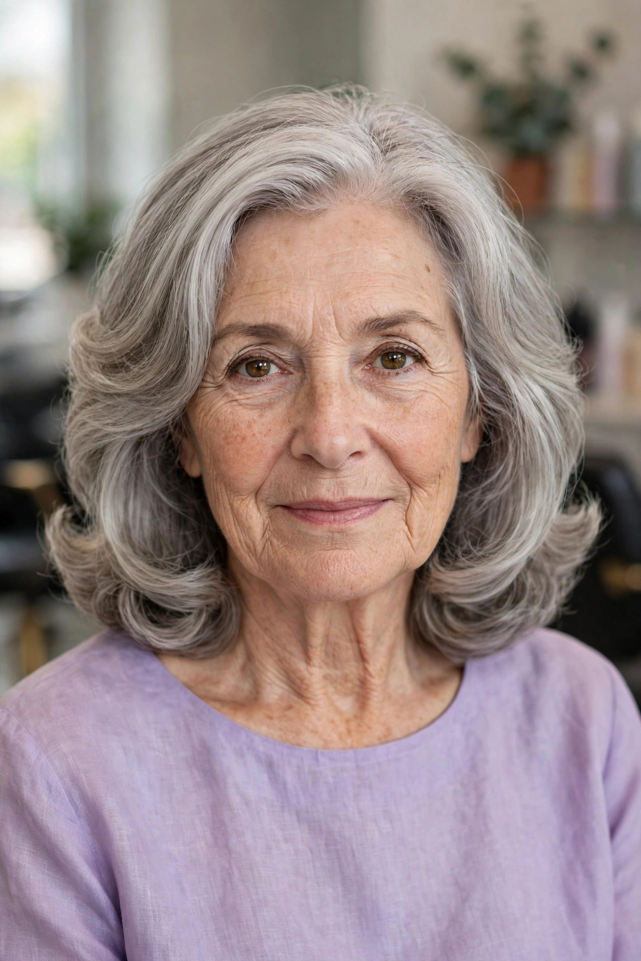Rounded Layers Curled Under in Pearl Gray - shoulder length layered haircut on a woman over 50