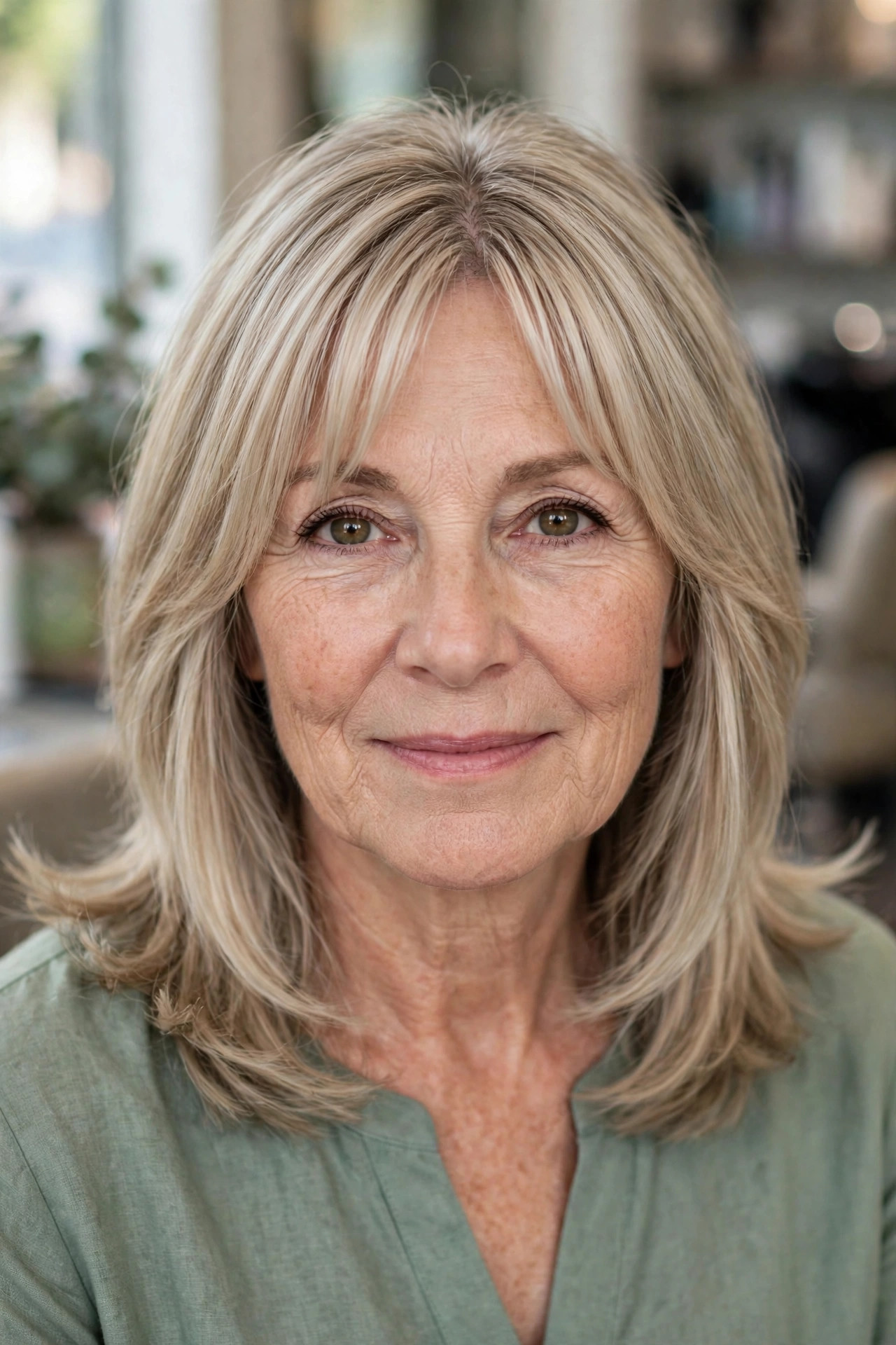 Feathered Layers with Curtain Bangs - shoulder length layered haircut on a woman over 50