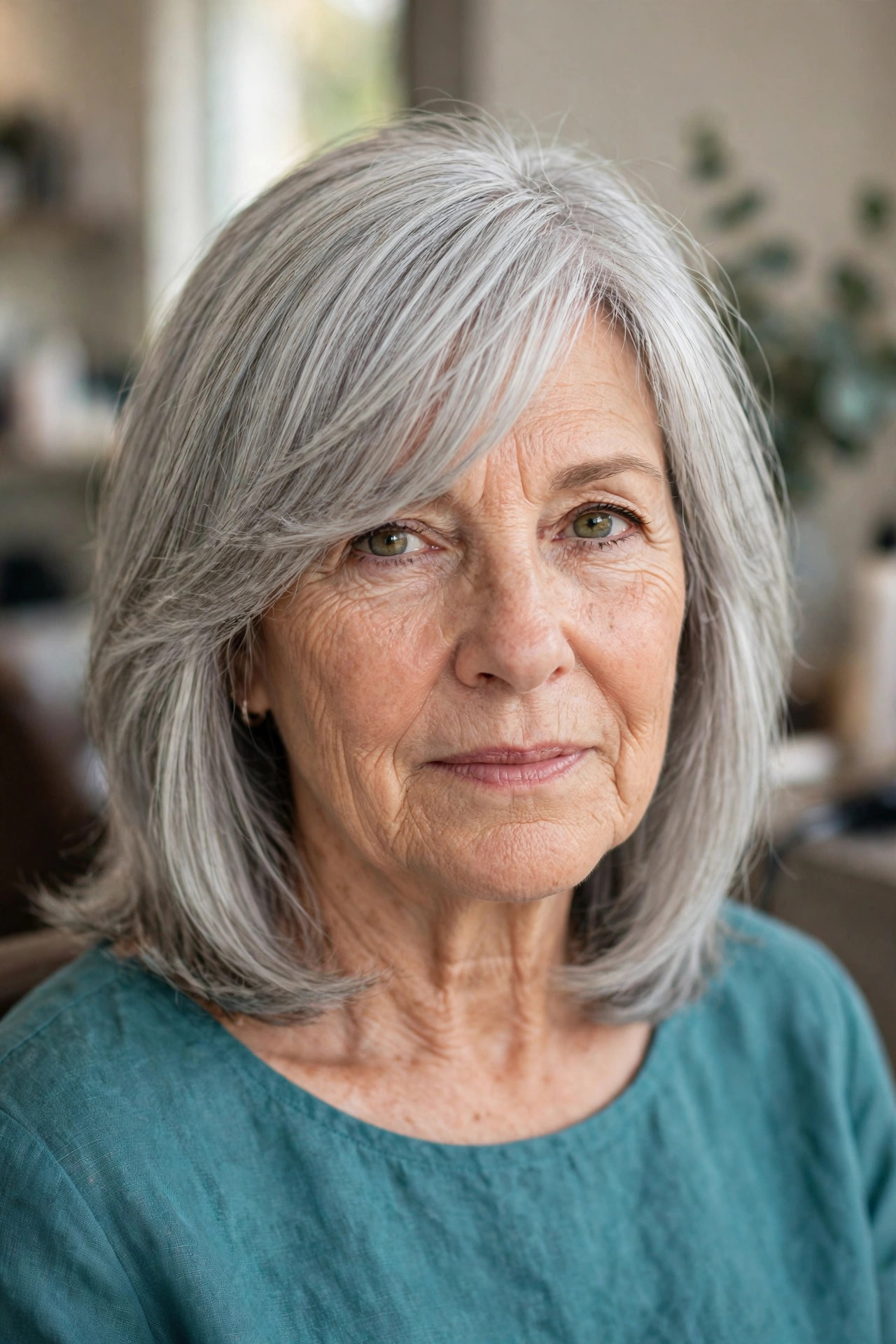 Silver Gray Layers with a Side-Swept Fringe - shoulder length layered haircut on a woman over 50