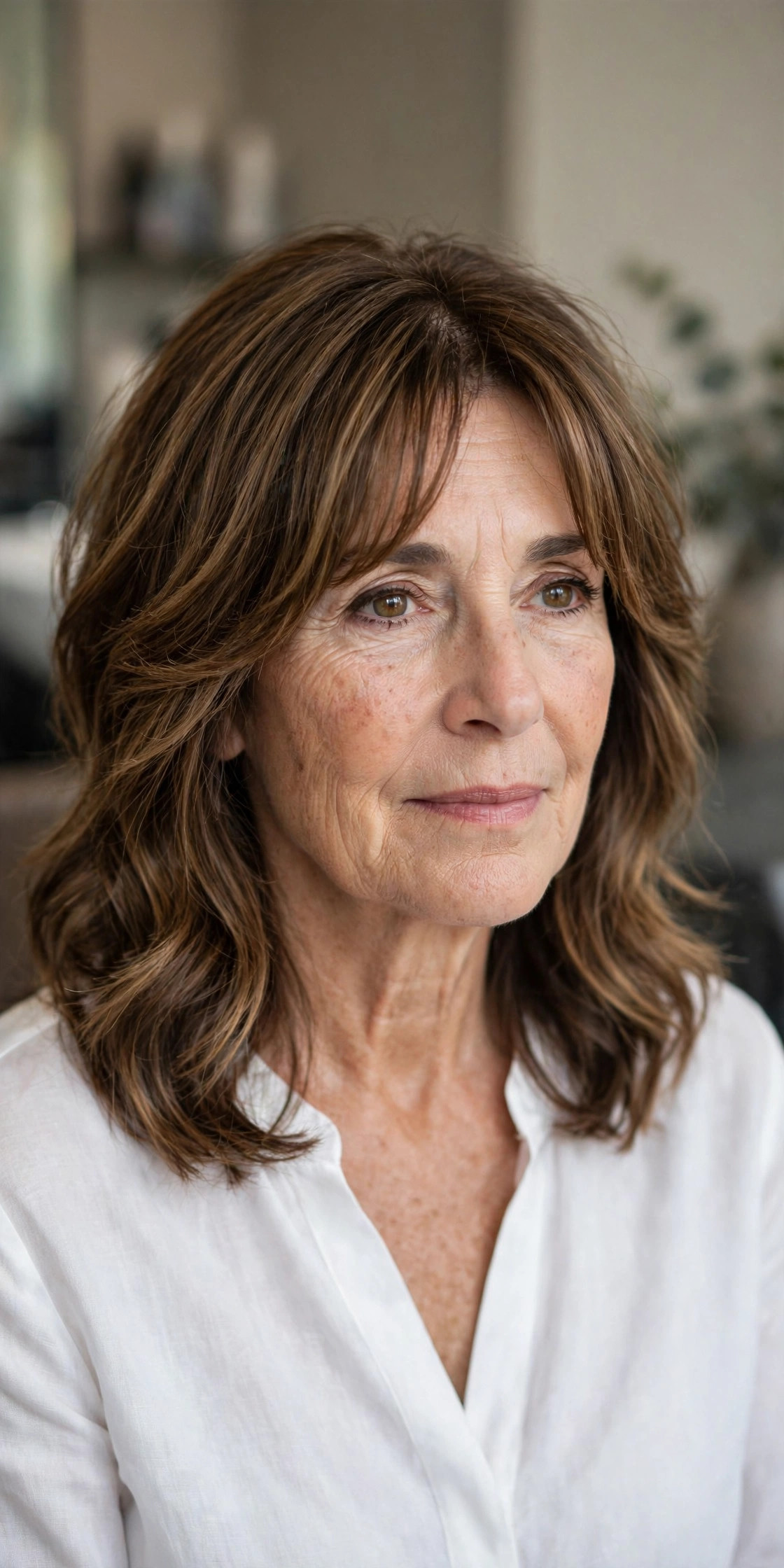 Layered Lob with Curtain Bangs and Caramel Balayage - shoulder length layered haircut on a woman over 50
