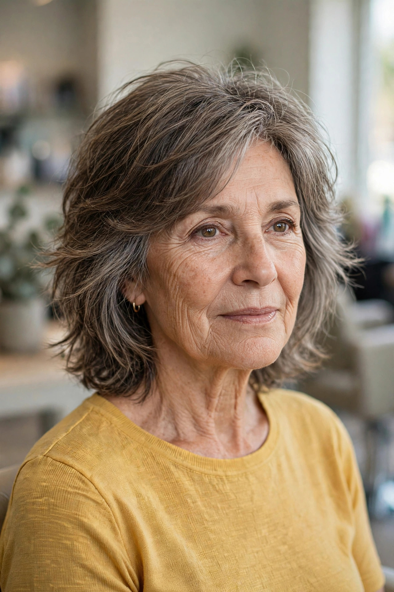 Feathered Shag Layers in Salt and Pepper - shoulder length layered haircut on a woman over 50