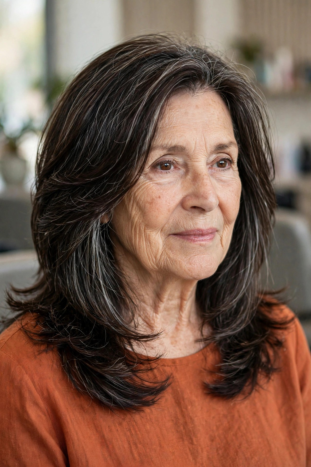 Long Layers That Take the Bulk Out of Thick Hair - shoulder length layered haircut on a woman over 60