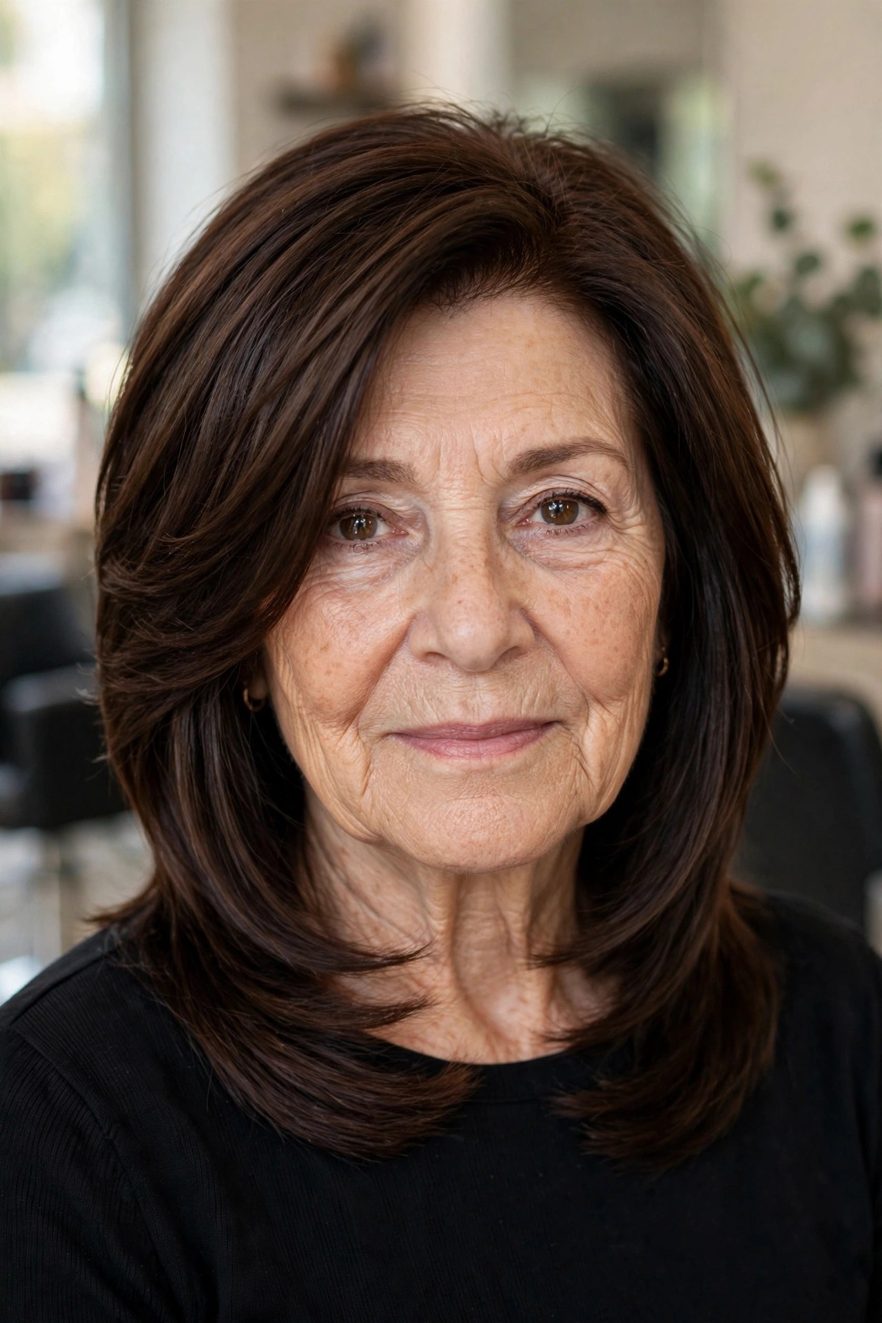 Angled Forward Layers That Slim the Face - shoulder length layered haircut on a woman over 60