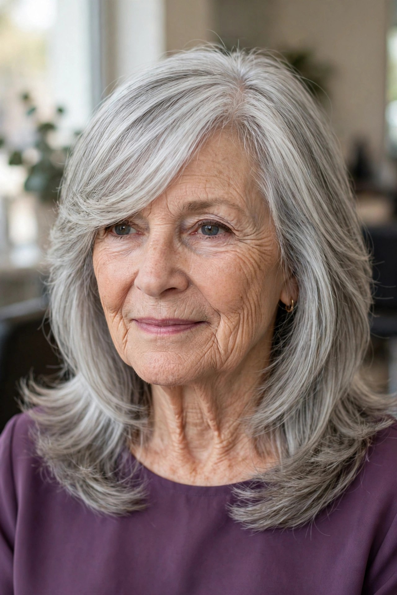 Side-Swept Layers with a Sweeping Fringe - shoulder length layered haircut on a woman over 60