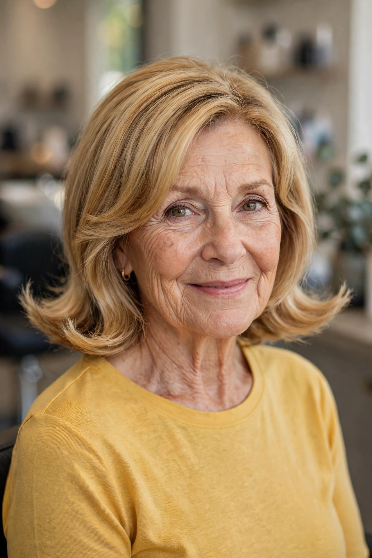 Layered Cut with Flipped Ends - shoulder length layered haircut on a woman over 60