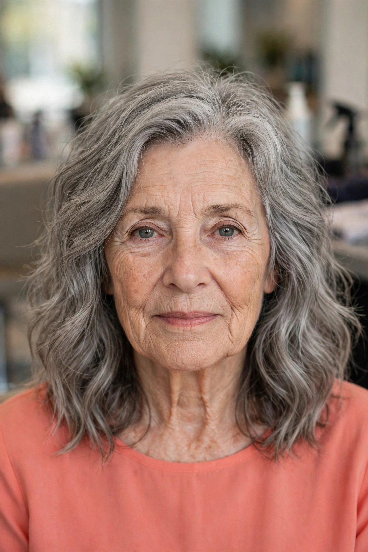 Low-Maintenance Wash-and-Go Layers - shoulder length layered haircut on a woman over 60