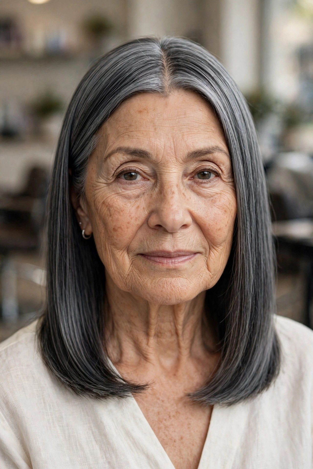 Sleek Center-Part Shoulder Layers - shoulder length layered haircut on a woman over 60