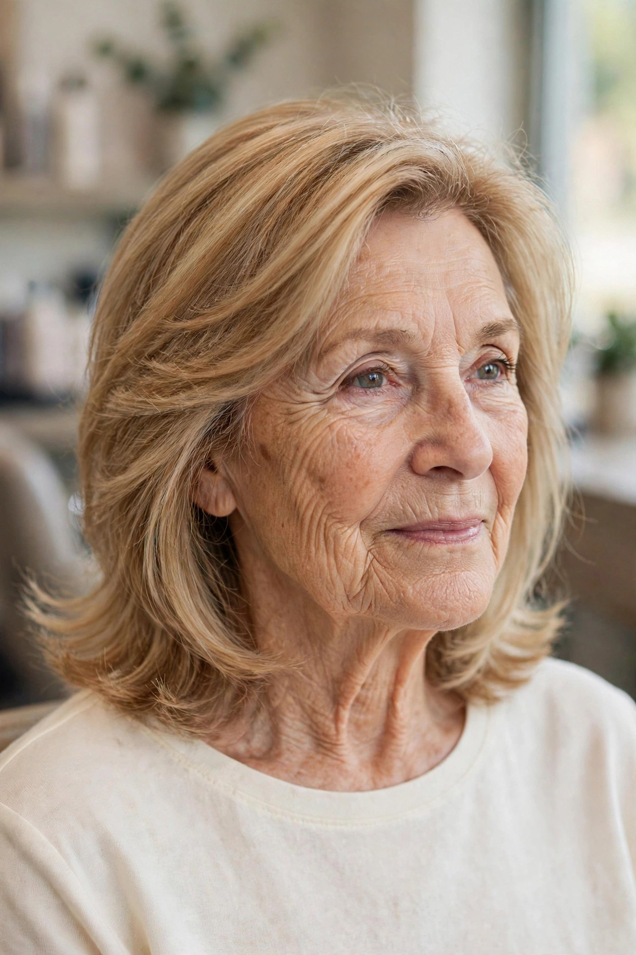 Feathered Shoulder Layers with Flicked-Out Ends - shoulder length layered haircut on a woman over 60