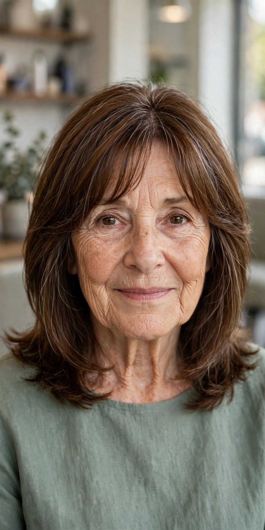 Layered Lob with Curtain Bangs - shoulder length layered haircut on a woman over 60