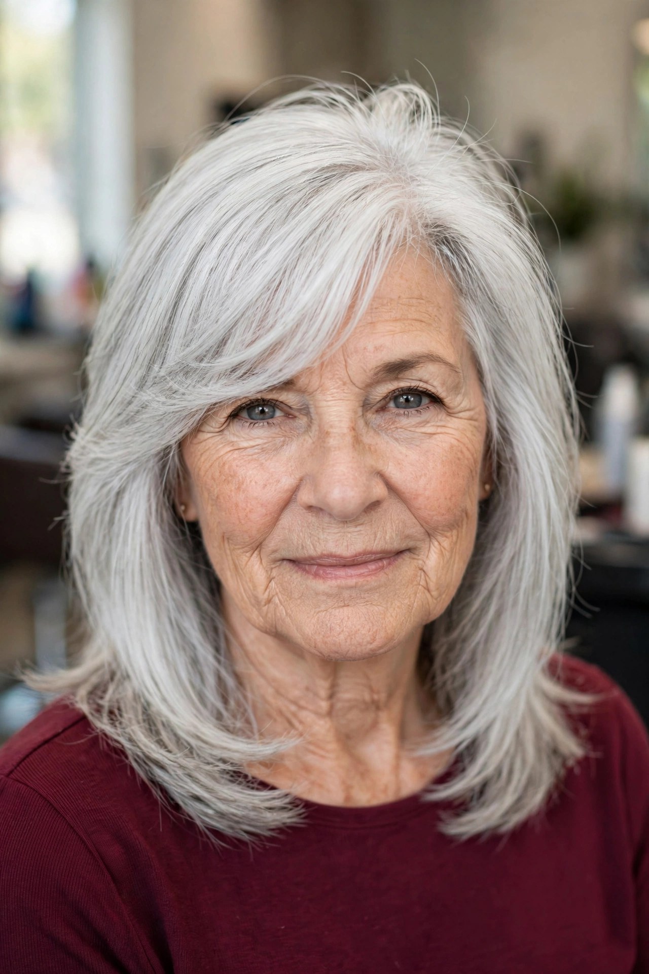 Deep Side-Part Layered Cut in Bright Silver - shoulder length layered haircut on a woman over 60