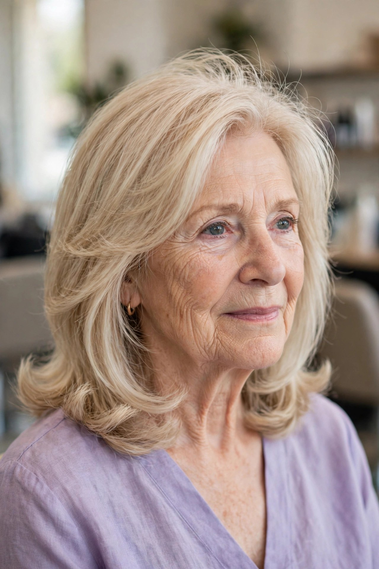Bouncy Blowout Layers for Fine Hair - shoulder length layered haircut on a woman over 60