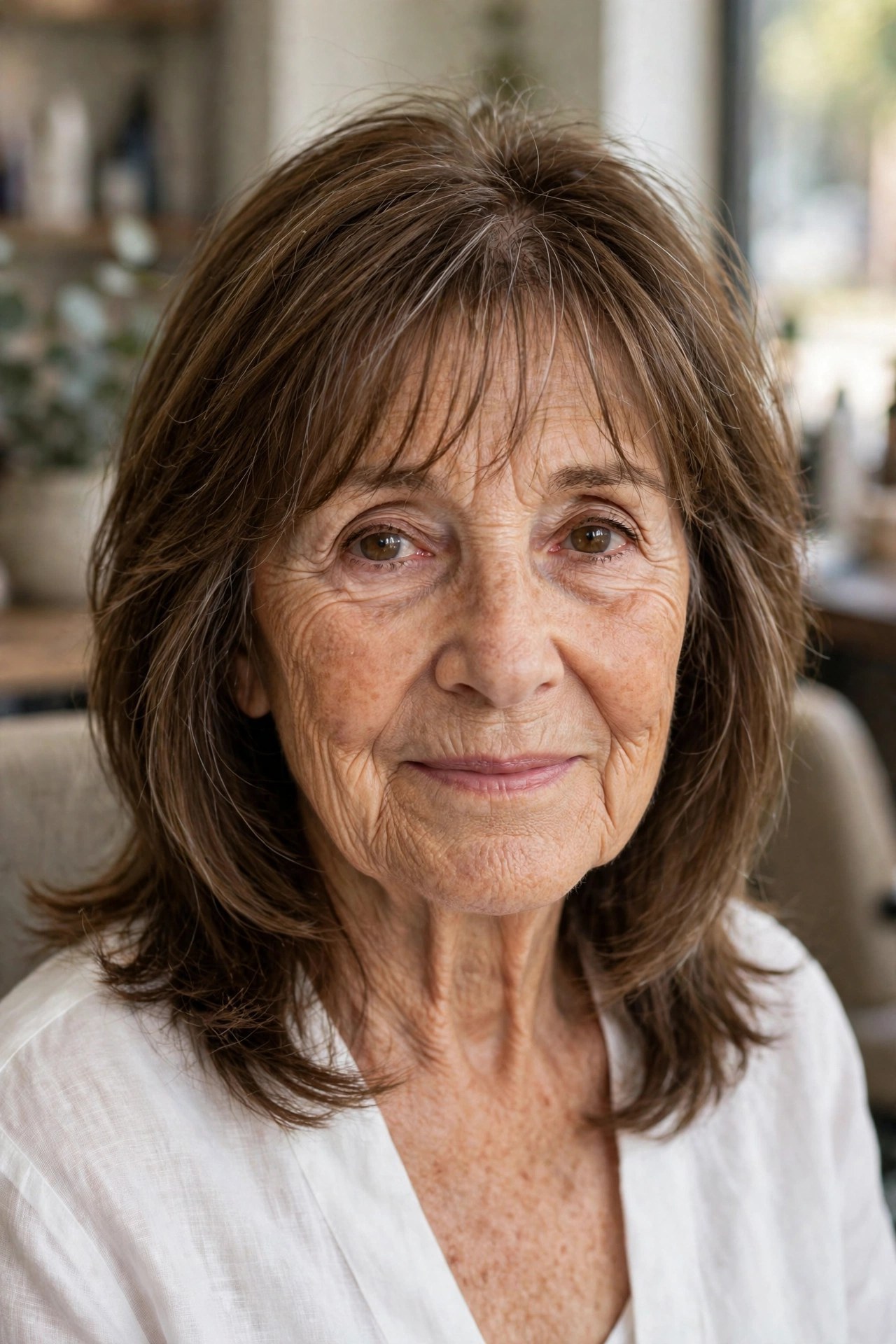 Shoulder Layers with Wispy Bangs - shoulder length layered haircut on a woman over 60