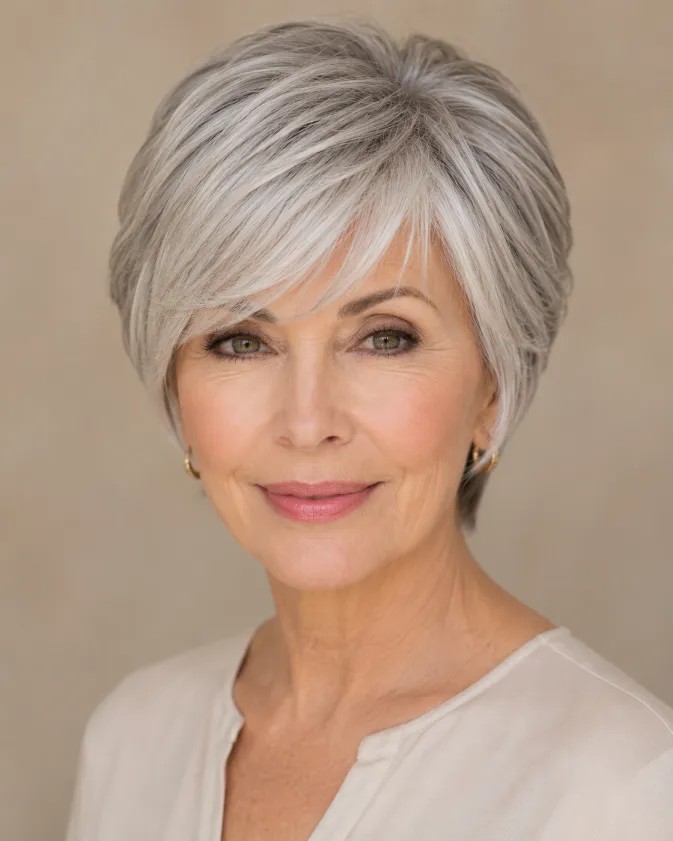 Woman over 70 with layered bob with a deep side sweep — flattering bangs hairstyle for women over 70
