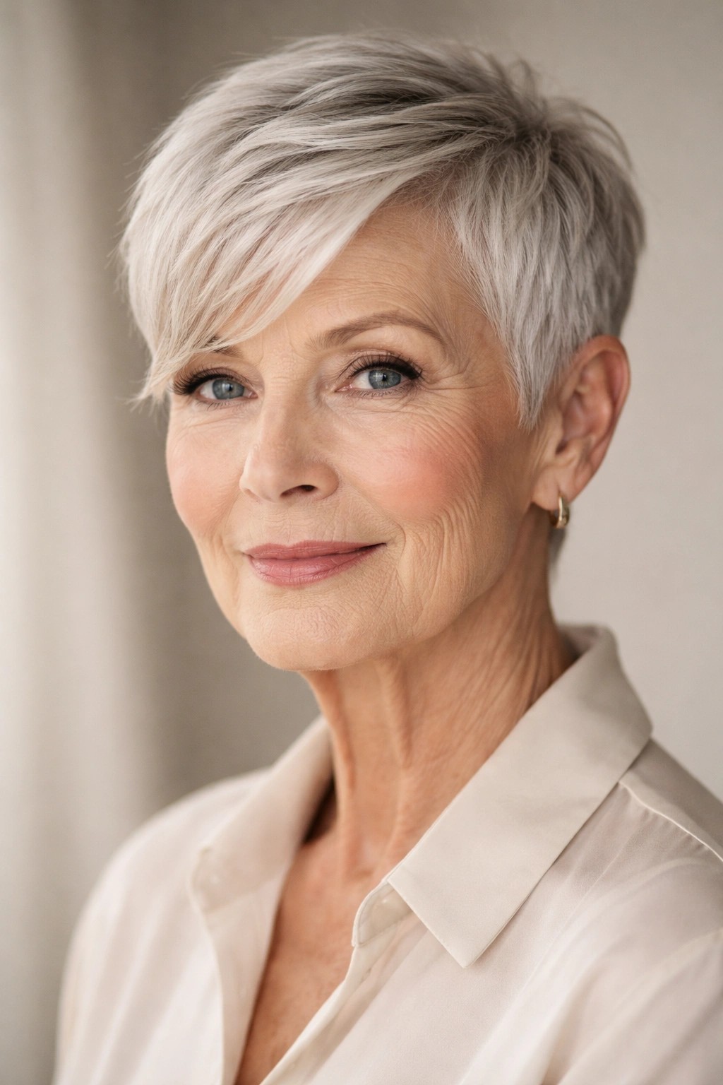 Woman over 70 with sleek pixie with a long side fringe — flattering bangs hairstyle for women over 70