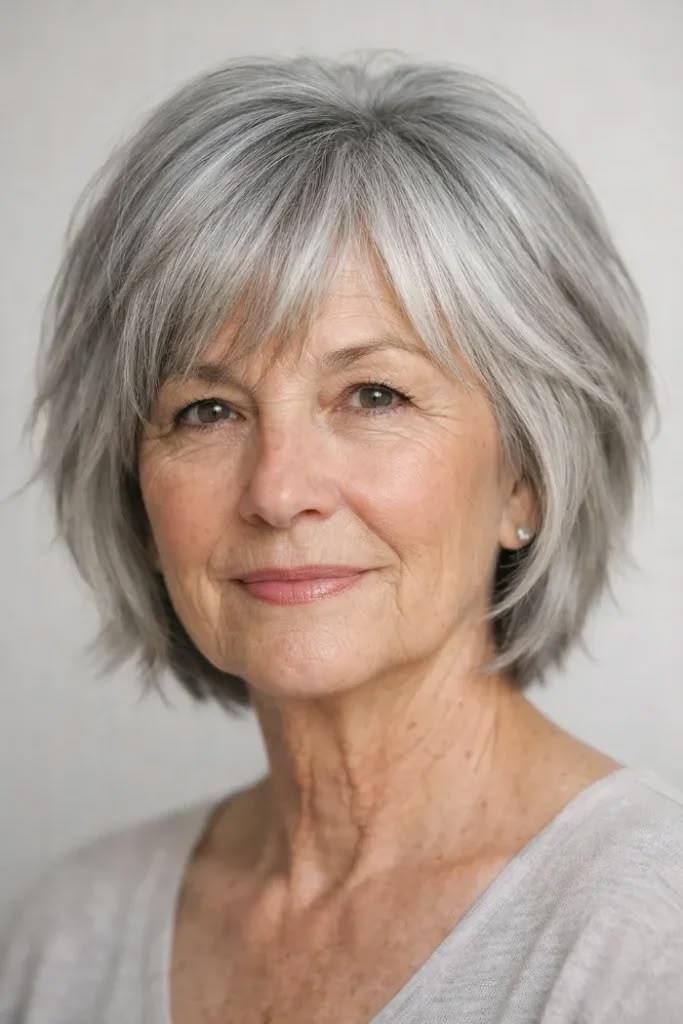 Woman over 70 with feathered bob with a soft side sweep — flattering bangs hairstyle for women over 70