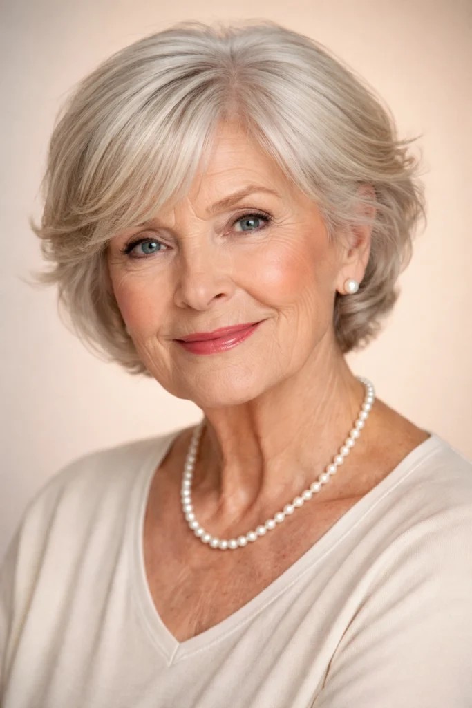 Woman over 70 with layered bob with an elegant side fringe — flattering bangs hairstyle for women over 70
