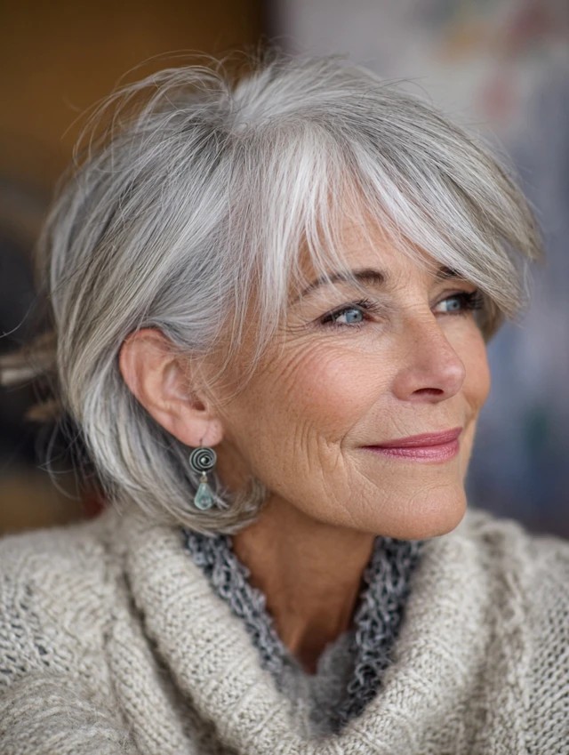 Woman over 70 with silver layers with a face-framing side sweep — flattering bangs hairstyle for women over 70