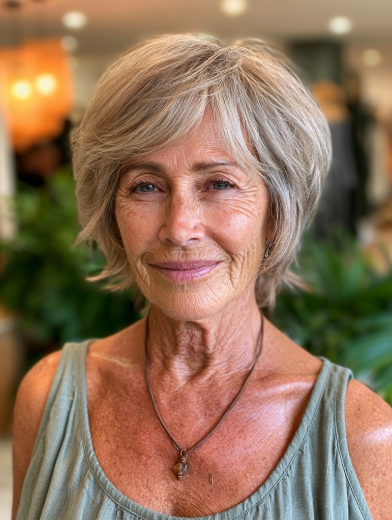 Woman over 70 with sunlit layered bob with side bangs — flattering bangs hairstyle for women over 70