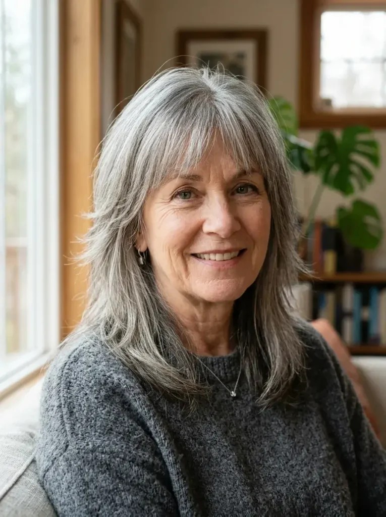 Woman over 70 with long gray layers with a soft side fringe — flattering bangs hairstyle for women over 70