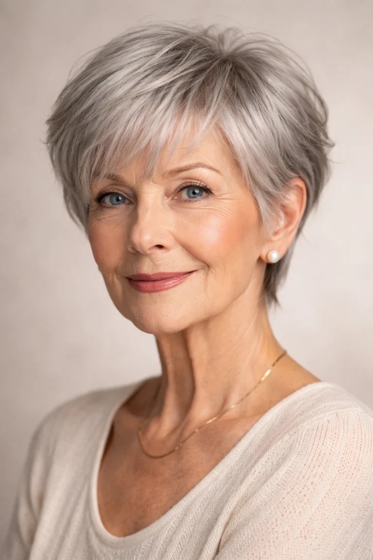 Woman over 70 with neat short crop with a side-swept fringe — flattering bangs hairstyle for women over 70
