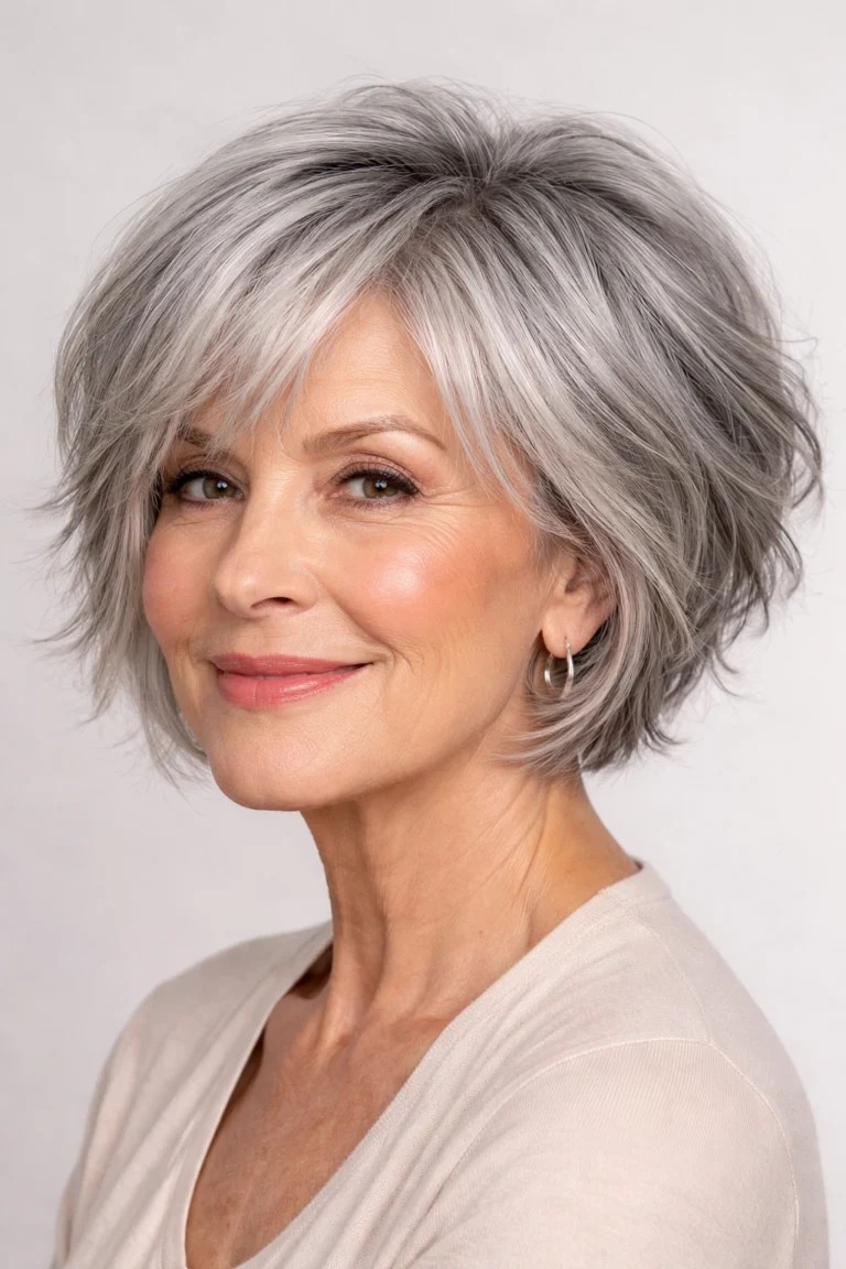 Woman over 70 with layered pixie-bob with a gentle side sweep — flattering bangs hairstyle for women over 70