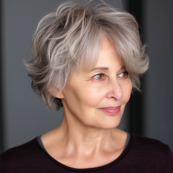 Woman over 70 with wavy pixie-bob with a soft side fringe — flattering bangs hairstyle for women over 70