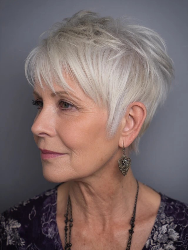 Woman over 70 with white pixie with a clean side sweep — flattering bangs hairstyle for women over 70