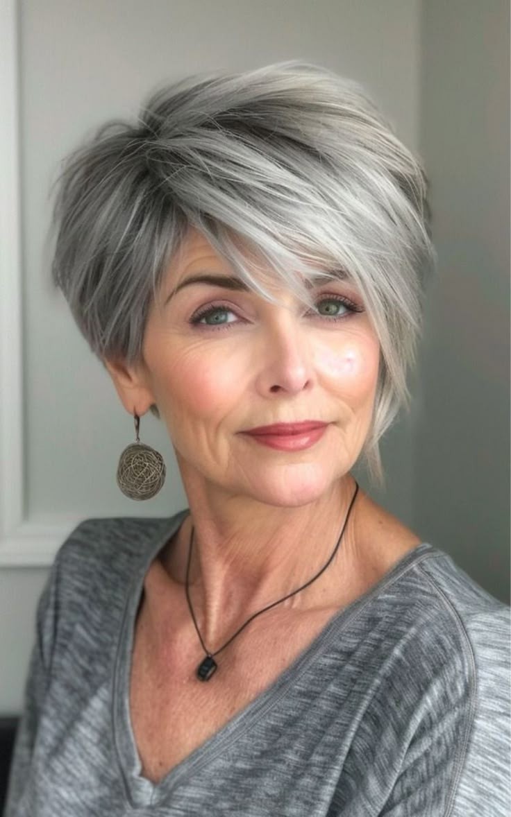 Woman over 70 with pixie-bob with a long, sleek side fringe — flattering bangs hairstyle for women over 70