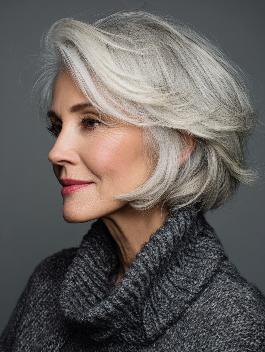 Woman over 70 with smooth bob with a polished side fringe — flattering bangs hairstyle for women over 70