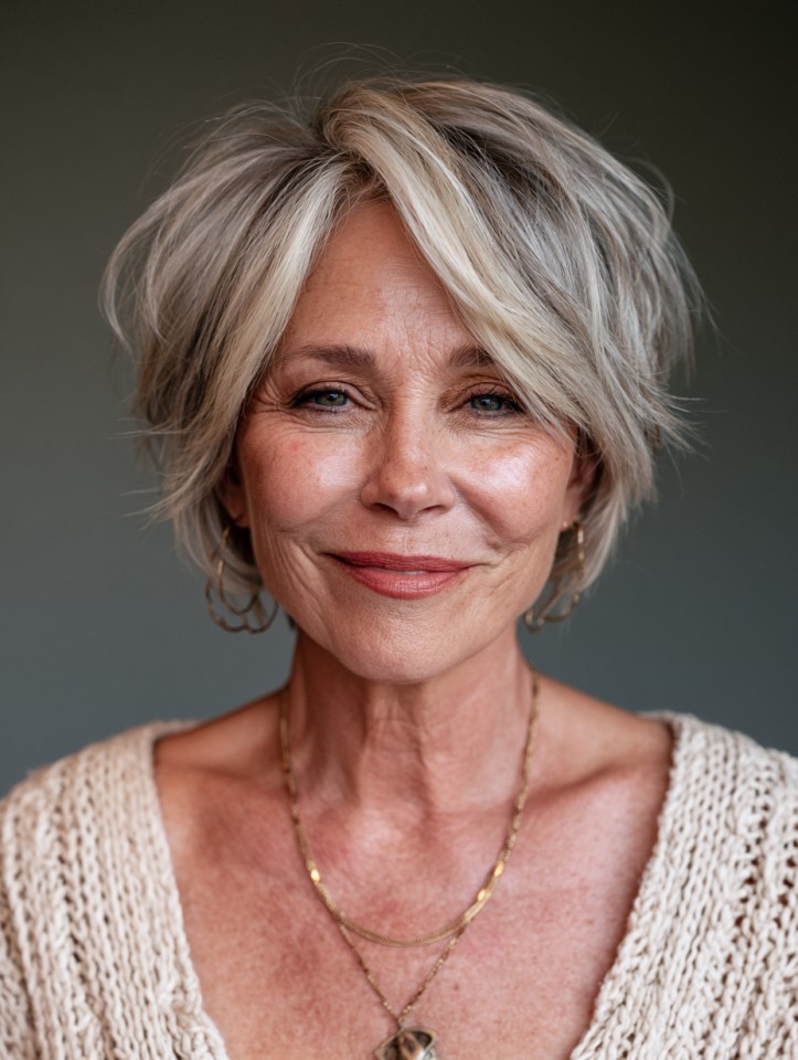 Woman over 70 with textured pixie-bob with a side-swept fringe — flattering bangs hairstyle for women over 70