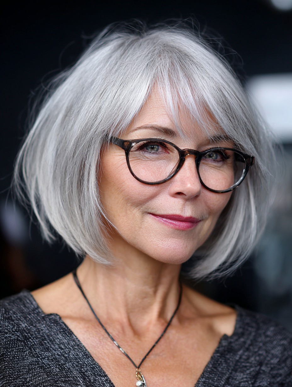 Woman over 70 with soft bob with side bangs and glasses — flattering bangs hairstyle for women over 70