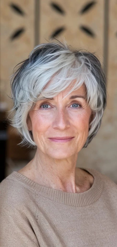 Woman over 70 with short wavy crop with a natural side part fringe — flattering bangs hairstyle for women over 70