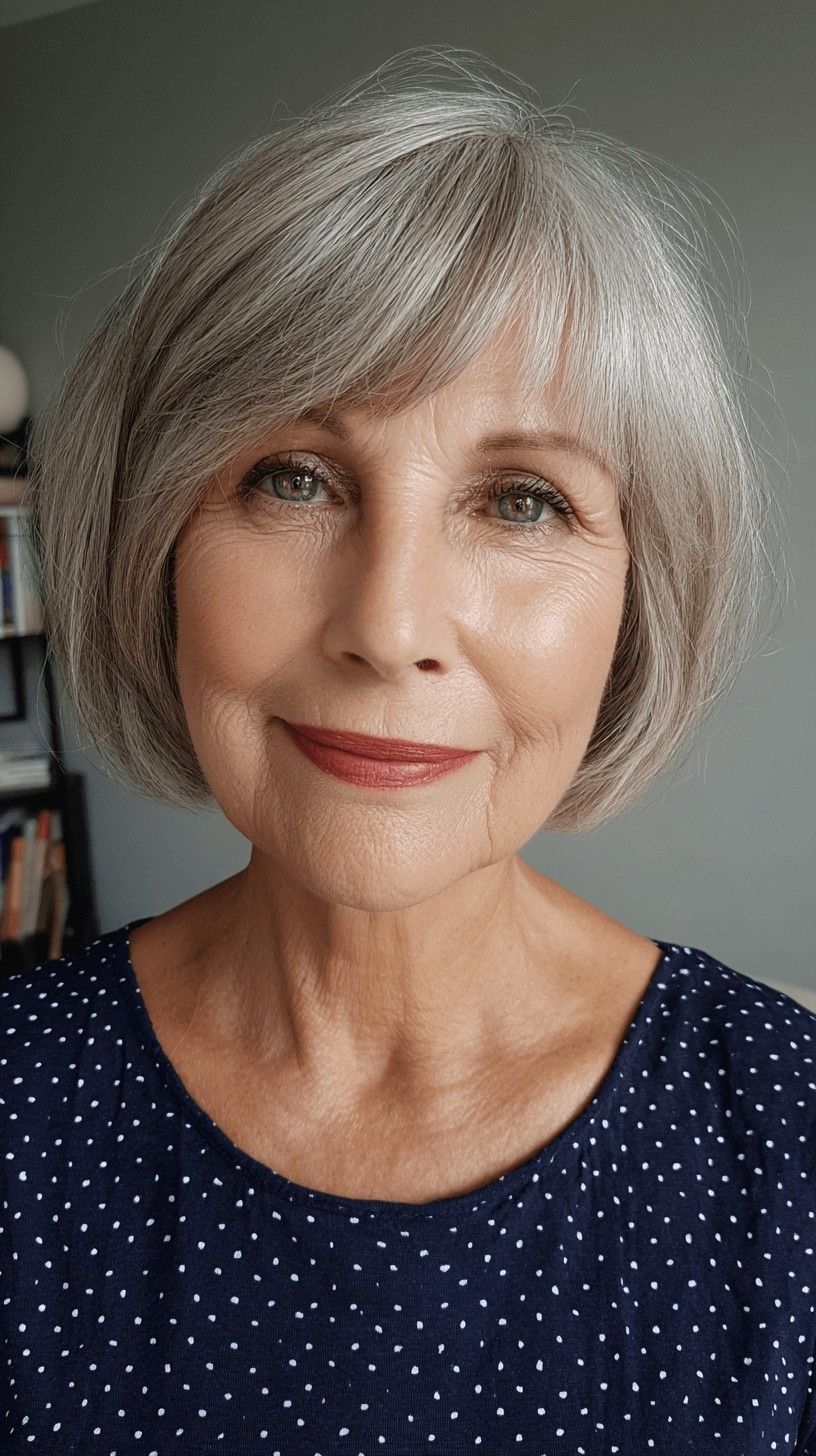 Woman over 70 with soft bob with a gentle side-swept fringe — flattering bangs hairstyle for women over 70