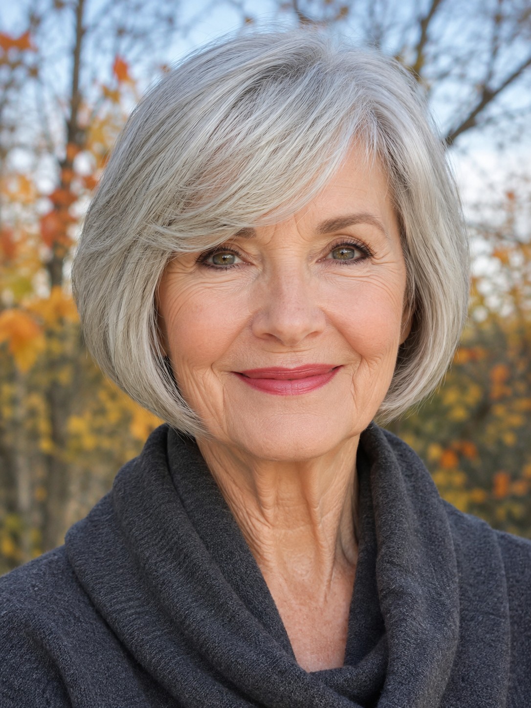 Woman over 70 with rounded bob with a smooth side sweep — flattering bangs hairstyle for women over 70
