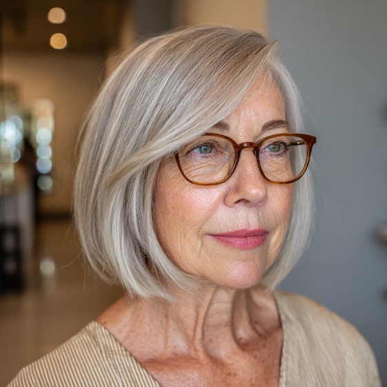 Woman over 70 with chin-length bob with side bangs and glasses — flattering bangs hairstyle for women over 70
