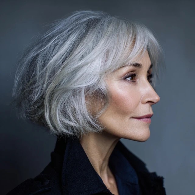 Woman over 70 with wavy silver bob with a side-swept fringe — flattering bangs hairstyle for women over 70
