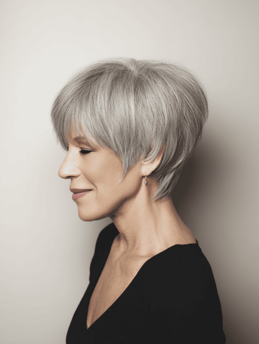 Woman over 70 with tapered pixie-bob with a side fringe — flattering bangs hairstyle for women over 70
