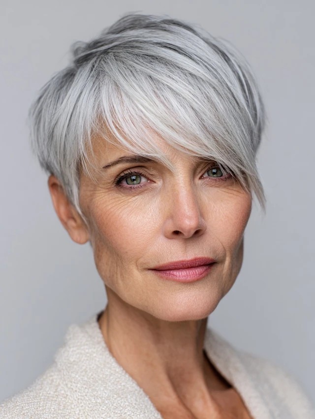 Woman over 70 with short crop with a long, dramatic side sweep — flattering bangs hairstyle for women over 70