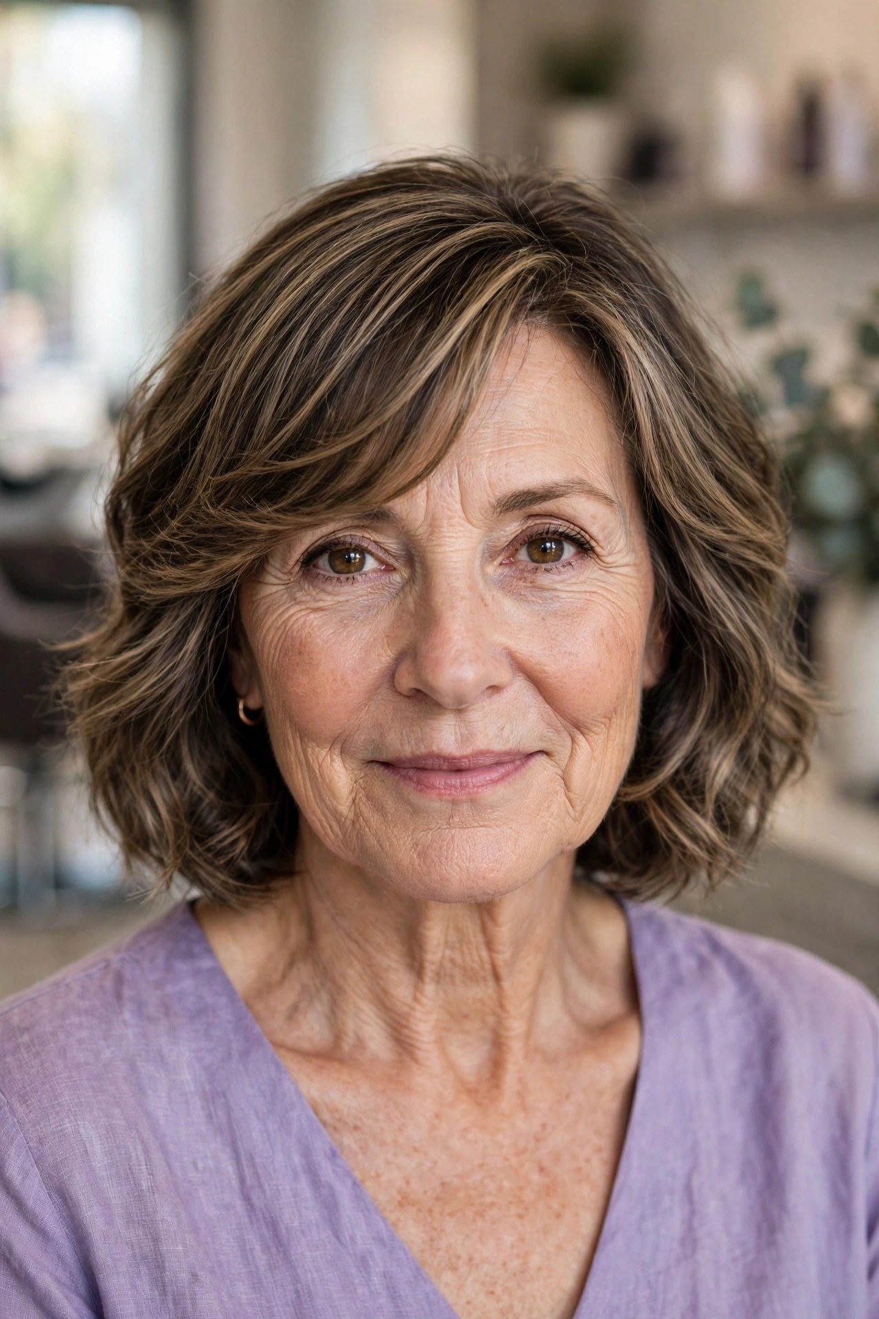Soft Wavy Bob with Side-Swept Bangs - side-swept bangs for a woman over 50