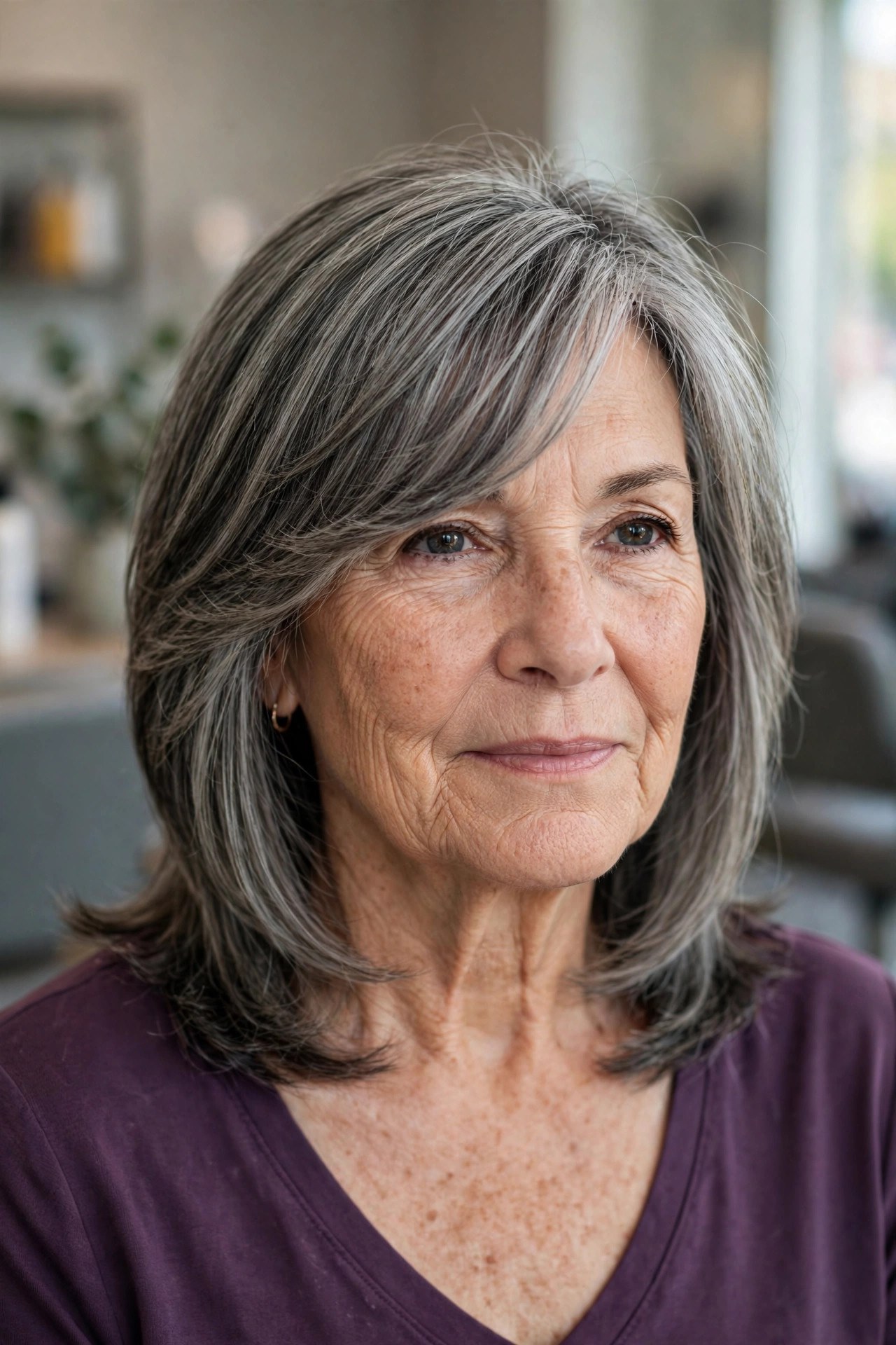 Shoulder-Length Layers with Long Side-Swept Fringe - side-swept bangs for a woman over 50