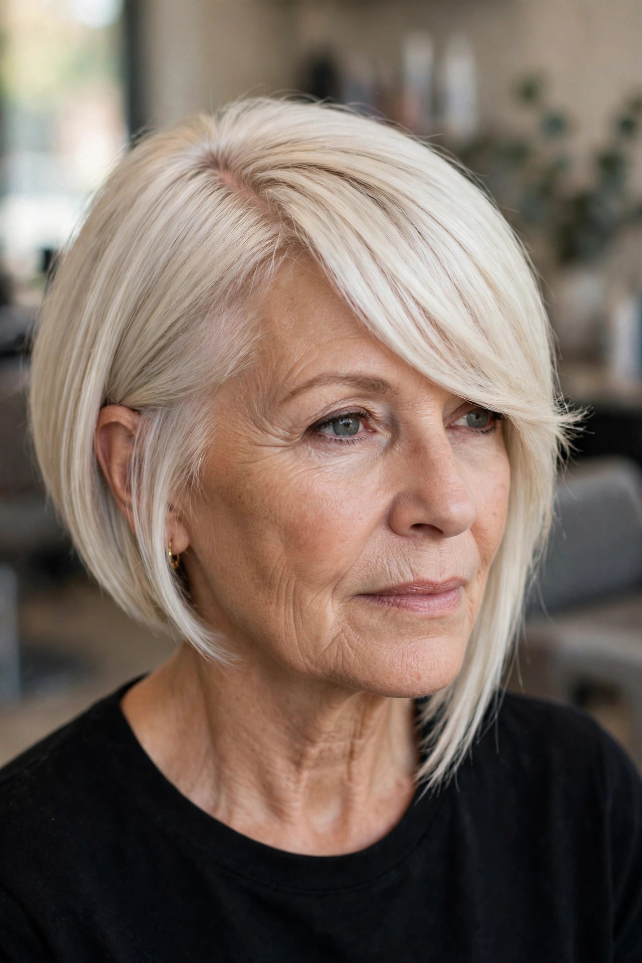 Asymmetrical Bob with a Dramatic Side Sweep - side-swept bangs for a woman over 50