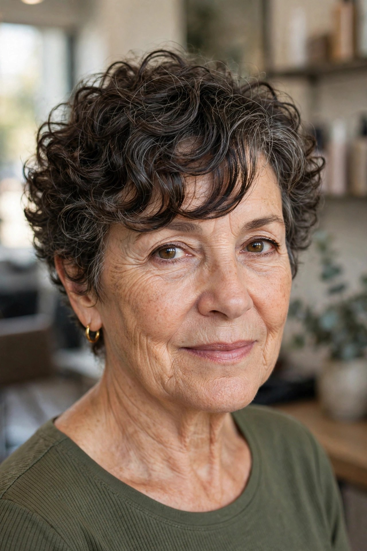 Curly Crop with Side-Swept Bangs - side-swept bangs for a woman over 50