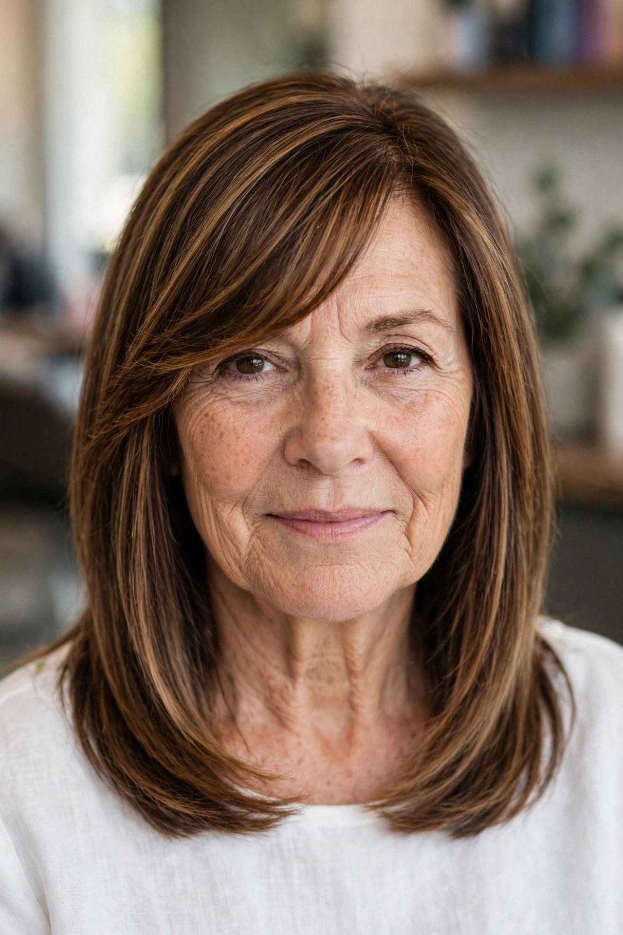 Straight Midi with Side-Swept Bangs and Balayage - side-swept bangs for a woman over 50