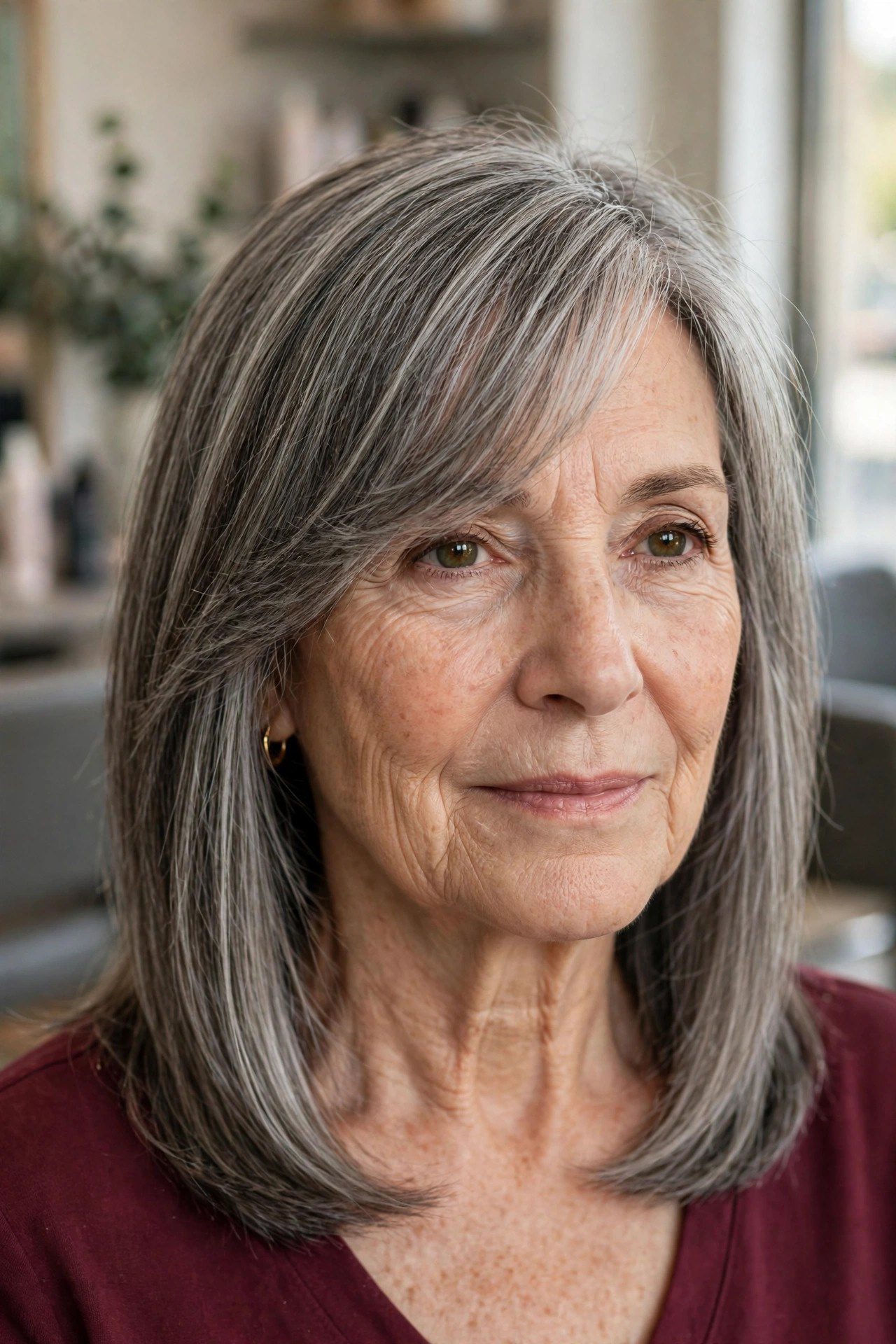 Gray-Blended Lob with Side-Swept Bangs - side-swept bangs for a woman over 50