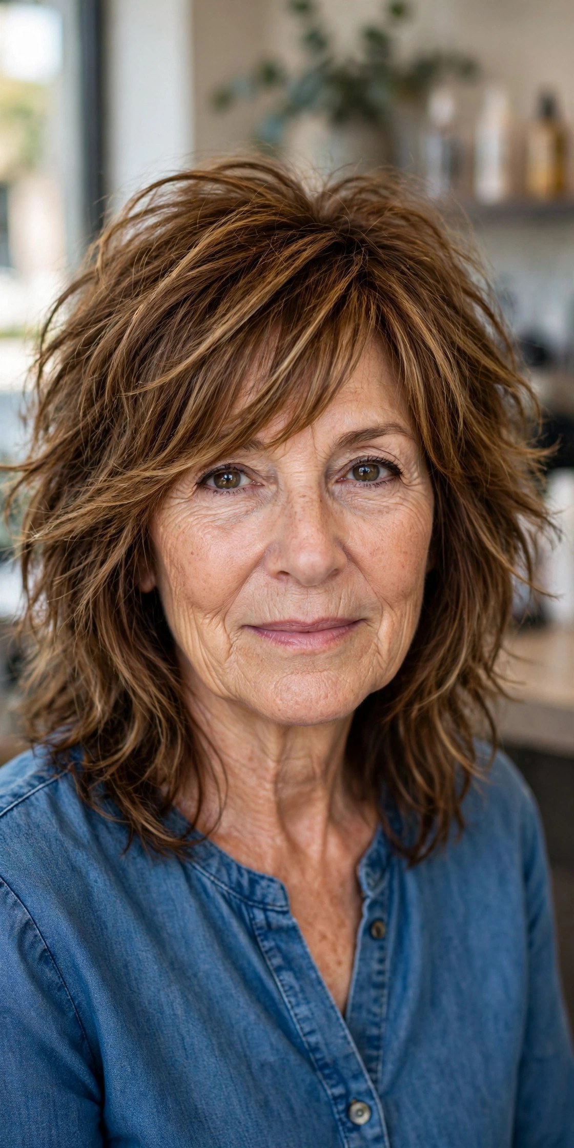 Tousled Medium Shag with Side-Swept Bangs - side-swept bangs for a woman over 50