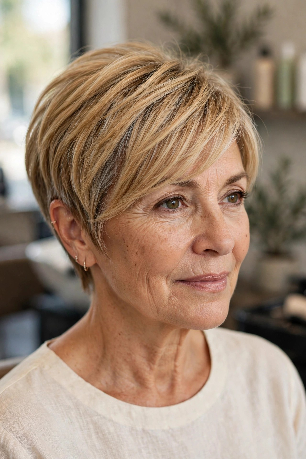 Long Pixie with Tapered Sides and Side-Swept Bangs - side-swept bangs for a woman over 50