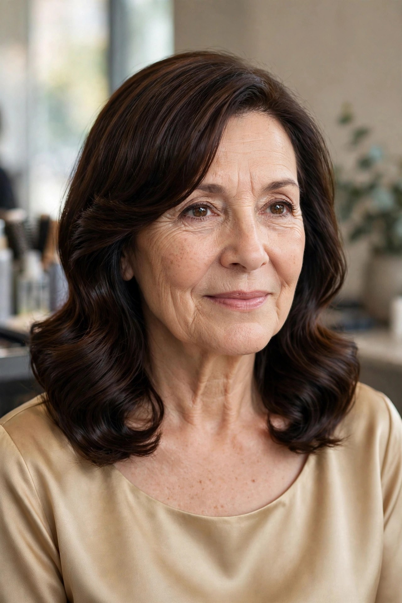 Glossy Evening Midi with Side-Swept Bangs - side-swept bangs for a woman over 50