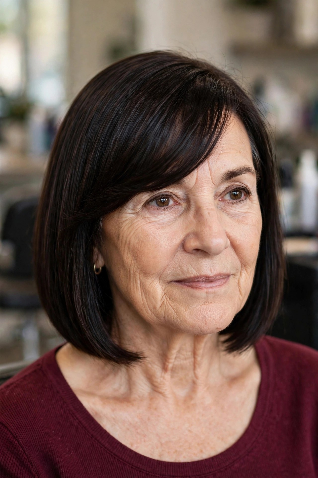 Chin-Length Sleek Bob with Deep Side-Swept Bangs - side-swept bangs for a woman over 50