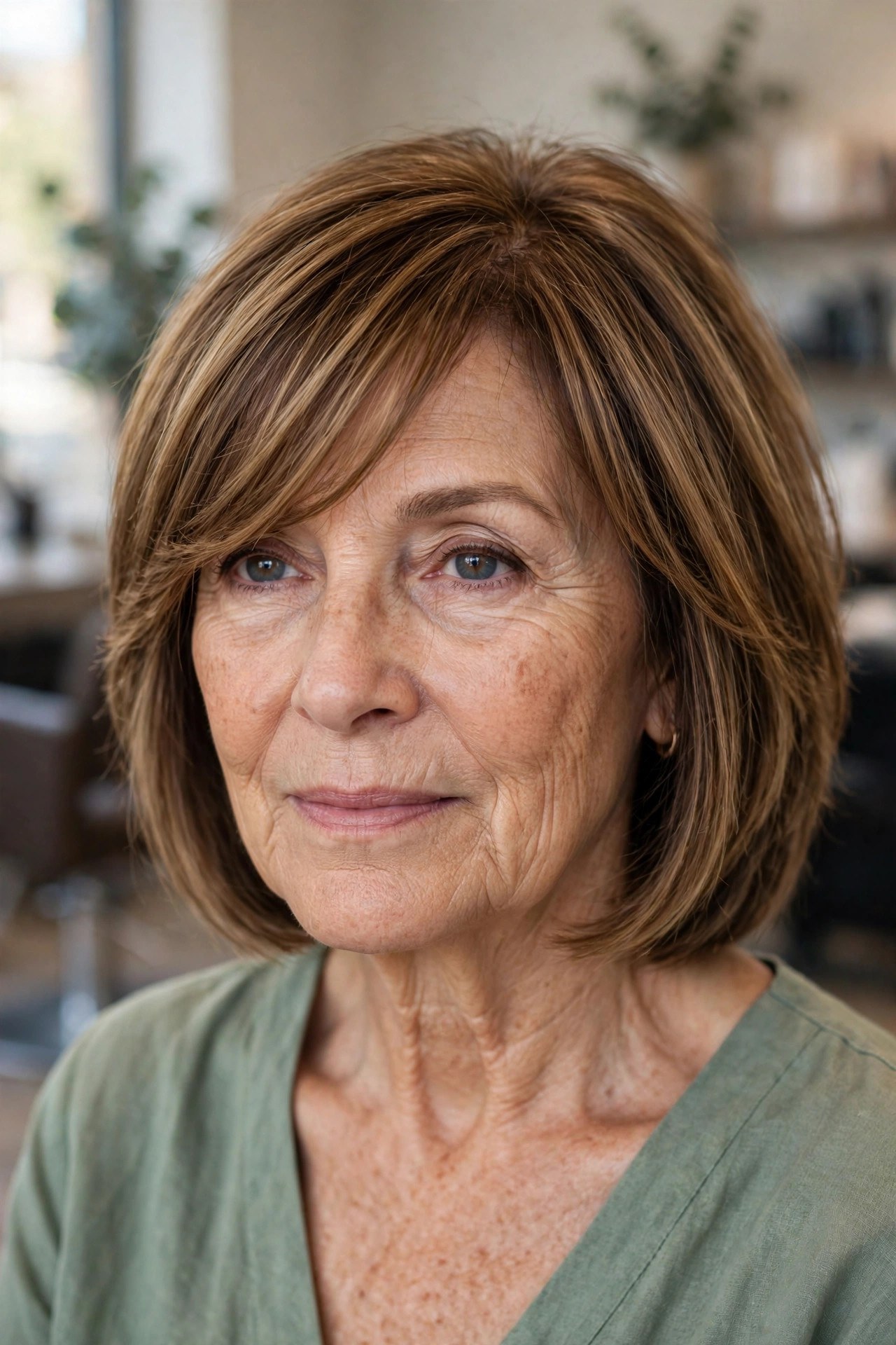 Layered Bob with Long Side-Swept Fringe - side-swept bangs for a woman over 50