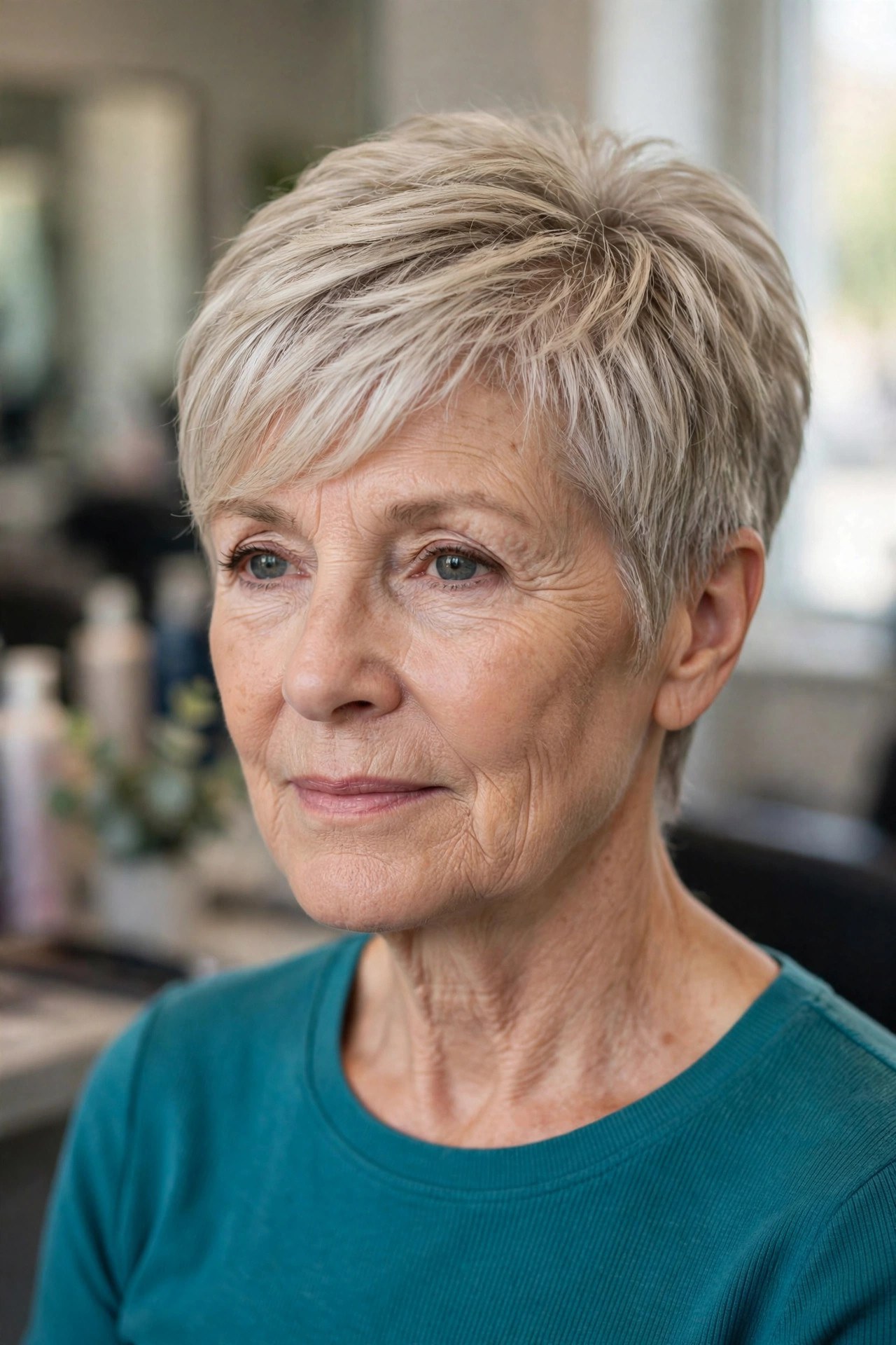Feathered Crop with Side-Swept Bangs - side-swept bangs for a woman over 50